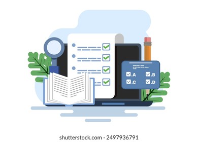 Online exam platform concept with big computer and testing site. Online Education. education concept. choose answers for exam tests and achieve good results. flat vector illustration on background.