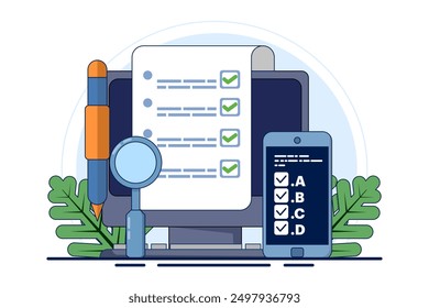 Concepto de plataforma de examen en línea con gran computadora y sitio de pruebas. Educación en línea. concepto de educación. elegir respuestas para las pruebas de examen y lograr buenos resultados. Ilustración vectorial plana sobre fondo.