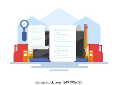 Online exam platform concept with big computer and testing site. Online Education. education concept. choose answers for exam tests and achieve good results. flat vector illustration on background.