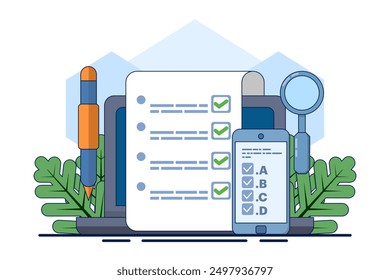 Online exam platform concept with big computer and testing site. Online Education. education concept. choose answers for exam tests and achieve good results. flat vector illustration on background.