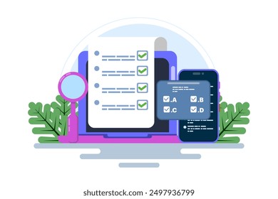 Online exam platform concept with big computer and testing site. Online Education. education concept. choose answers for exam tests and achieve good results. flat vector illustration on background.