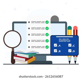 Online exam platform concept with big computer and testing site. Choose answers for exam tests and achieve good results. Online education concept. 