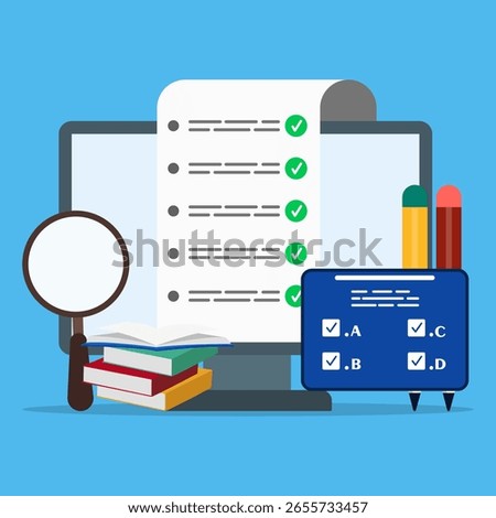 Online exam platform concept with big computer and testing site. Choose answers for exam tests and achieve good results.