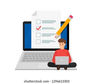 Online exam. Student sitting on big laptop with checklist and pencil. Questionnaire form. Vector illustration. Flat design. EPS 10.