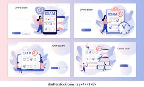 Online exam. Students with test exam result. Education, studying, learnning, degree, graduate concept. Screen template for landing page, template, ui, web, mobile app, poster, banner, flyer. Vector 