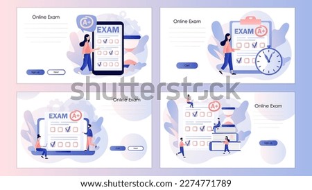 Online exam. Students with test exam result. Education, studying, learnning, degree, graduate concept. Screen template for landing page, template, ui, web, mobile app, poster, banner, flyer. Vector 