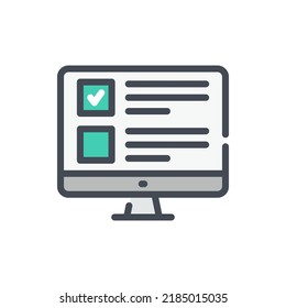 Online exam and Survey form on computer display color line icon. PC with check box and tick vector outline colorful sign.