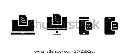 Online Exam, taking Test, Questionnaire or Checklist on Device Screen. Black style - stock vector.