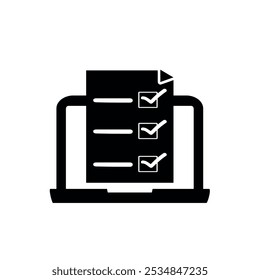 Exame online, Ícone de realização de testes. Laptop com modelo de símbolo de pesquisa de formulário on-line para coleção de design gráfico e web