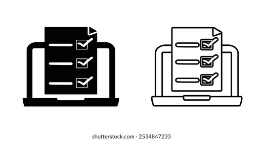 Examen en línea, tomando pruebas conjunto icono. Portátil con Plantilla de símbolo de Encuesta de formulario en línea para colección gráfica y de Diseño web
