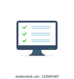 Online exam or test in Computer monitor. Form filling on Pc screen, Flat design vector illustration isolated on white background.