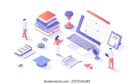 Online Exam Test Concept. Distant Education. Questionnaire form on the laptop screen and phone, books, notebooks, calendar, hourglass, diploma. Isometry illustration with people scene for web graphic.