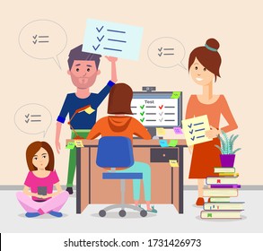 Online exam, test. Help relatives when passing the test. Exam concept. Vector illustration.