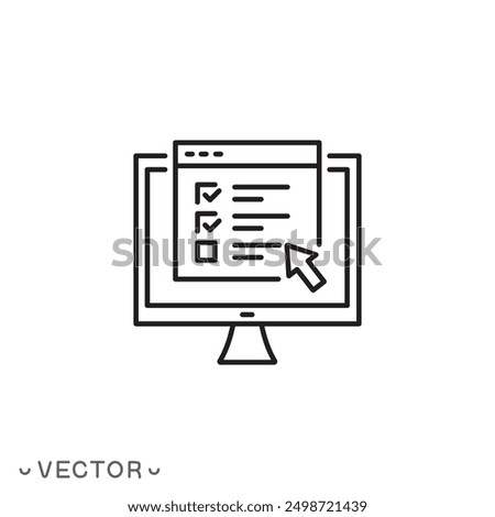 online exam or test icon, form survey for student, knowledge check questionnaire, fill and pass checklist, thin line symbol isolated on white background, editable stroke eps 10 vector illustration