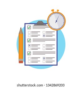Examen en línea. Prueba en papel a tiempo. Elemento de icono para el diseño. Pregunta y respuesta. Un lápiz y un cronómetro. Ilustración plana vectorial.
