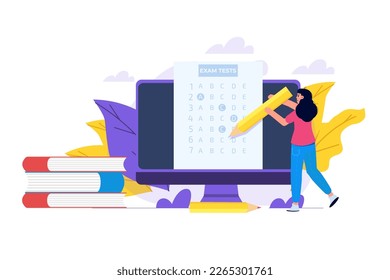Online exam or testing, E-lerning,  Internet Quiz, Online education, test answer sheet concept. Vector illustration.