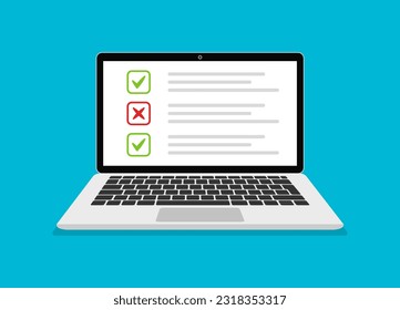 Online exam and online testing on laptop. Checklist, online form survey, choosing answer on laptop screen. Vector illustration.