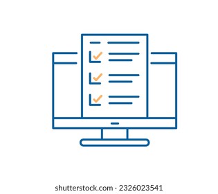 Fondo de la ilustración del icono de la línea delgada del examen en línea. Diseño de vectores con pantalla de computadora y página con lista de verificación.