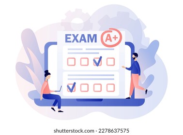 Online exam. Tiny students with test exam result on laptop. Education, studying, Digital elearnning, degree, graduate concept. Modern flat cartoon style. Vector illustration on white background