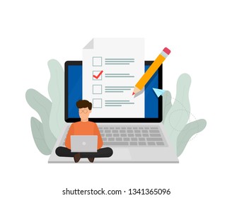 Online exam. Online training courses, online book, distance education. Vector illustration. Flat design. EPS 10.