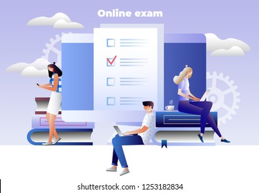 Online exam vector concept. questionnaire form, online education, survey, internet quiz. Characters design. 