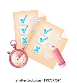 Online exam, vector internet test form, checkbox, mark, question list, timer, pencil. Digital remote survey, web poll, questionnaire isolated icon illustration. School, university courses online exam