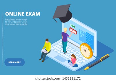 Online exam vector isometric. Online education and examination concept with students. Illustration of isometric examination online, education and training