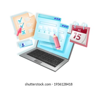 Online exam, vector web test e-learning illustration, laptop screen, pencil, calendar, checkbox, quiz form. School, university digital internet survey, application concept. Online exam, courses design