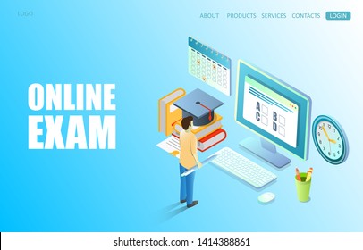 Online exam vector website template, web page and landing page design for website and mobile site development. Online quiz, testing, questionnaire concept.