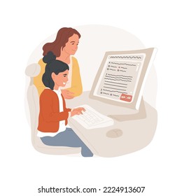 Online examination isolated cartoon vector illustration. Testing and assessment, online exam platform, child fills form on computer, adult sitting near, running timer on screen vector cartoon.
