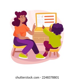 Online examination isolated cartoon vector illustration. Testing and assessment, online exam platform, child fills form on computer, adult sitting near, running timer on screen vector cartoon.