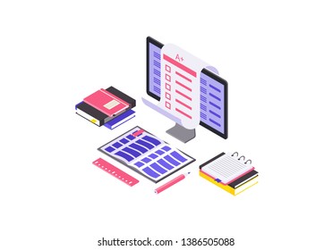 Online examination isometric color vector illustration. Student test, knowledge check infographic. Computer display with exam forms. E courses, remote education isolated 3d concept. Distance education