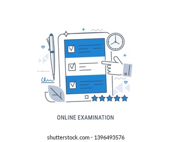 Online examination and learning. Flat modern line-art vector illustration.