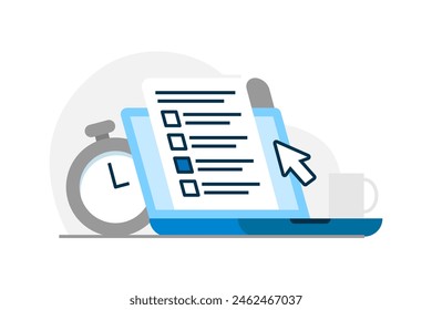 online exams and assessments with timer on laptop screen concept illustration flat design. simple modern graphic element for landing page ui, infographic, icon