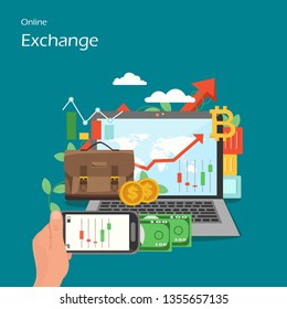 Online exchange vector flat illustration. Laptop and smartphone with candlestick charts on screens, money, dollar coin, bitcoin sign. Stock market trading composition for web banner, website page etc.