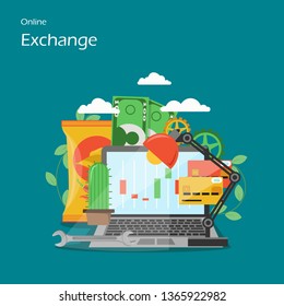 Online exchange vector flat illustration. Laptop with candlestick charts on screen, money, credit cards, desk lamp, wrench, cogwheels. Stock market investment trading set for web banner website page.