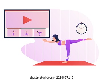 Online exercise class on a digital tablet with a young woman showing exercises. Sports video. Sit at home, stay fit and positive. Physical activity, healthy lifestyle vector illustration
