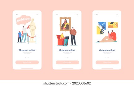 Online Exhibition Mobile App Page Onboard Screen Template. Characters Visiting Virtual Tour to Art Gallery, Admire Digital Masterpieces in Internet Exhibit Concept. Cartoon People Vector Illustration