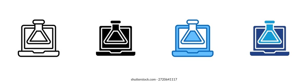 Experimento en línea Vector de diseño de íconos de estilo múltiple: frasco de laboratorio que se muestra en una pantalla de computadora portátil, que simboliza la investigación digital y la experimentación en línea