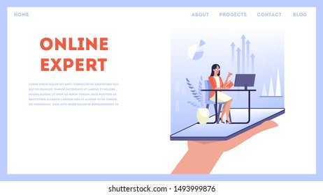 Online expert concept. Assistant sitting at the desk. Idea of help and support. Hotline, client service. Isolated vector illustration in cartoon style
