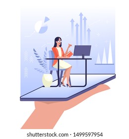Online expert concept. Assistant sitting at the desk. Idea of help and support. Hotline, client service. Isolated vector illustration in cartoon style