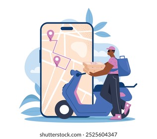 Entrega urgente en línea. Hombre con cajas de pizza y scooter cerca de la pantalla del teléfono inteligente. Compras online y comercio electrónico. Logística, distribución y envío. Ilustración vectorial plana