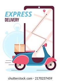 Online express delivery service concept. Smart phone, map and bike. Online order tracking. Bike delivery. Shipping.