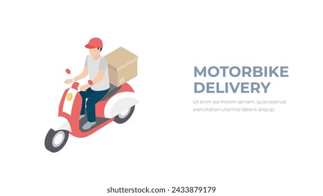 Online express delivery service concept, courier motorcycle or scooter, delivery man with parcel box on the back. Isometric vector.