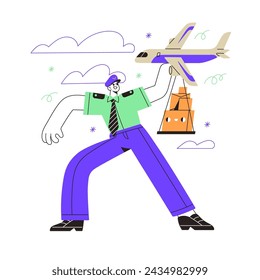 Online express delivery service concept. Postman delivers packages, parcels by plane. Postal worker sends boxes of goods, purchases, shopping orders. Flat isolated contour vector illustration on white