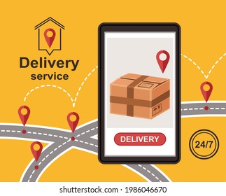 Online express delivery service. Order tracking. Cardboard parcel box on smartphone screen. Shopping in web store. Home shipping goods. Roadmap with gps pins. Transport route of send cargo.  Vector