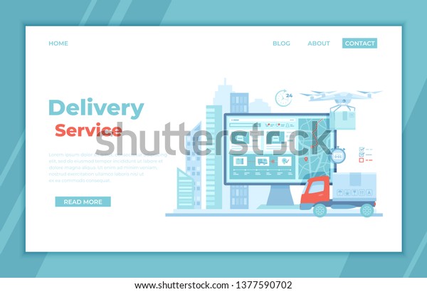 Online Express Delivery Service , Order Tracking.
Truck, monitor with delivery site, map, city background, quadcopter
courier, postal drone, parcel boxes. landing page template or
banner. Vector