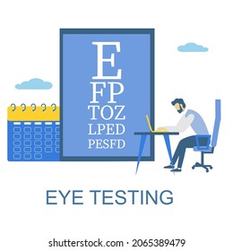 Online Eye Test Chart. Man Testing Vision From Home Sitting In Front Of Laptop Computer, Flat Vector Illustration. Online Eyesight And Vision Checkup.