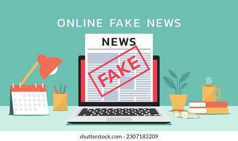 Online-Fake-News-Konzept für digitale Zeitungsdokumente auf Laptop-Bildschirm, flache Vektorgrafik