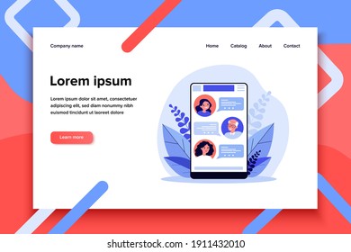 Online family chat. Children using smartphone app or messenger for grandpa texting flat vector illustration. Social distance, lockdown concept for banner, website design or landing web page